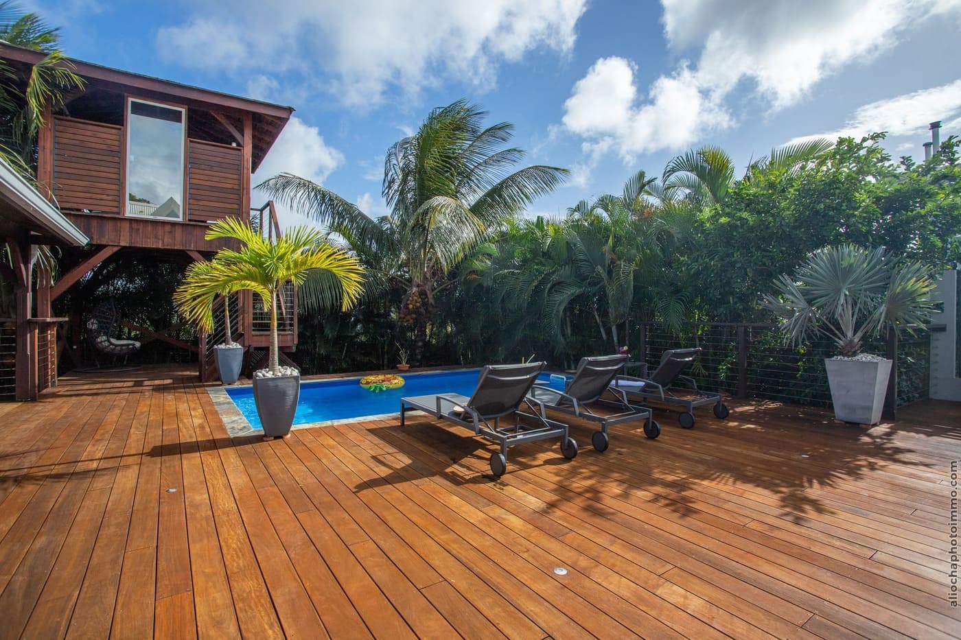 La piscine chauffée bordée du deck en bois d'IPÉ, transats et palmiers